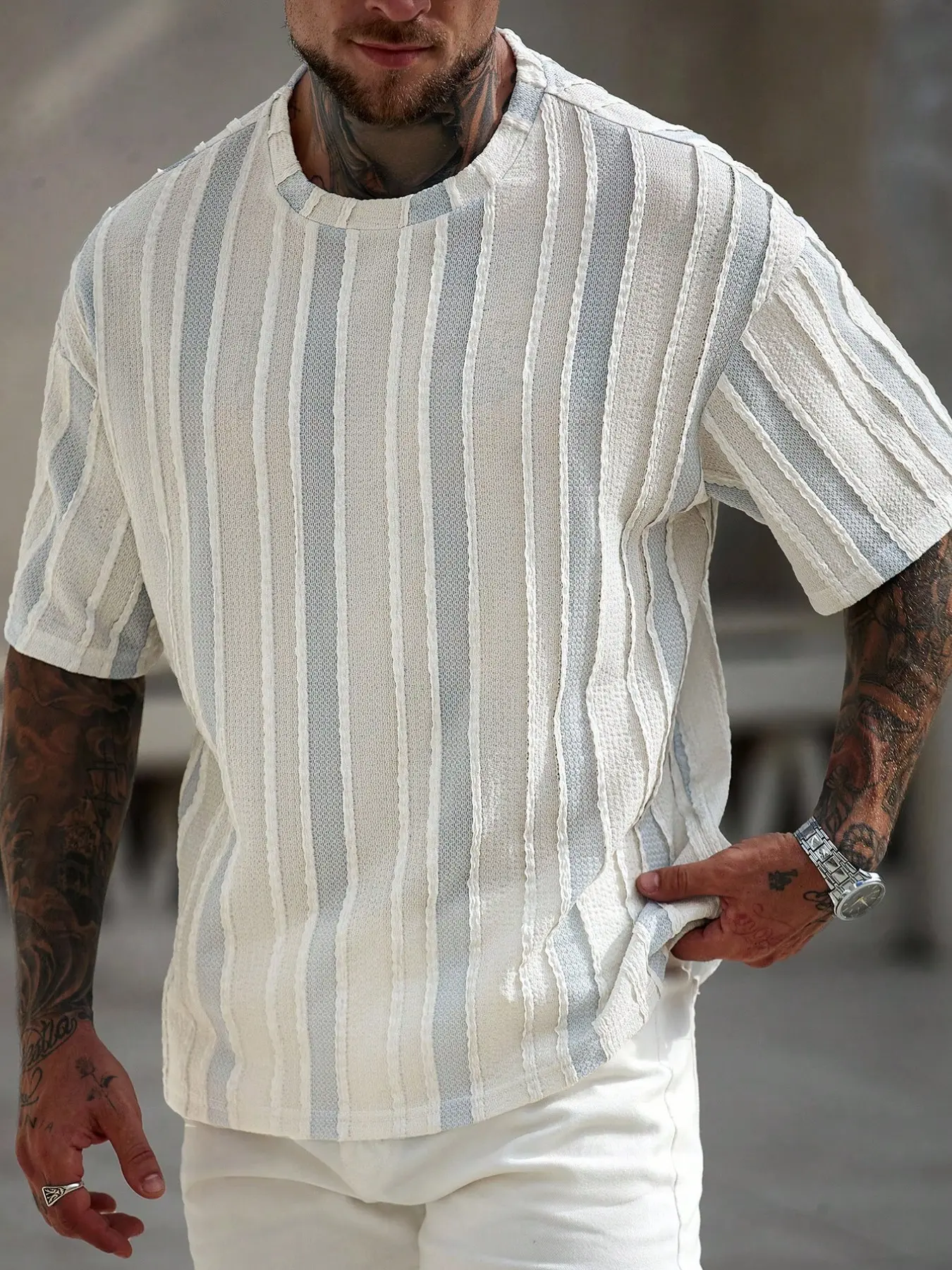 Men's Plus Size Casual Fashion Clothing Striped Round Neck Short Sleeve Loose Fit T-Shirt, Ideal for Daily Wear, Outdoor Activities, Gifts, Summer Fashion