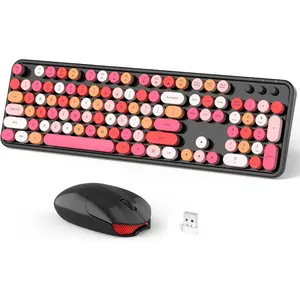 Keyboard and  Combo, 104  Full-Sized 2.4 GHz Round Keycap Typewriter Keyboards, USB Receiver Plug and Play, for Windows, , PC, Laptop, Desktop (Black Colorful)