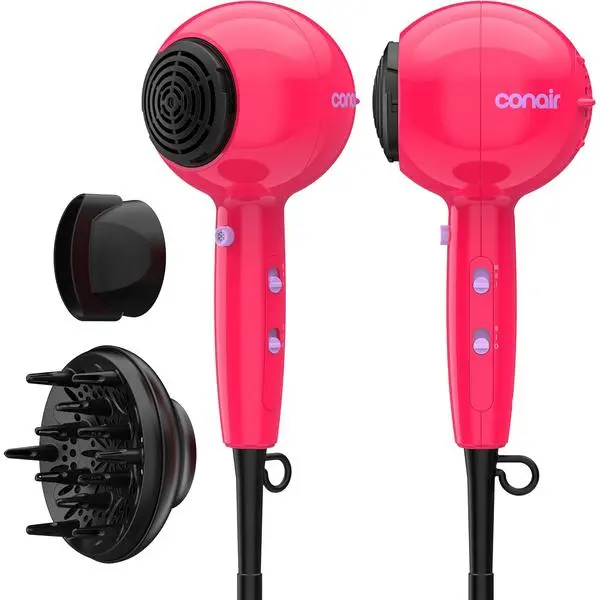 Conair Cake Pop Hair Dryer, Blow Dryer w/Diffuser & Concentrator, Pink | 1875W powerful ionic hairdryer for fast drying, hair diffuser for curly hair & concentrator, 3 heat settings, salon quality