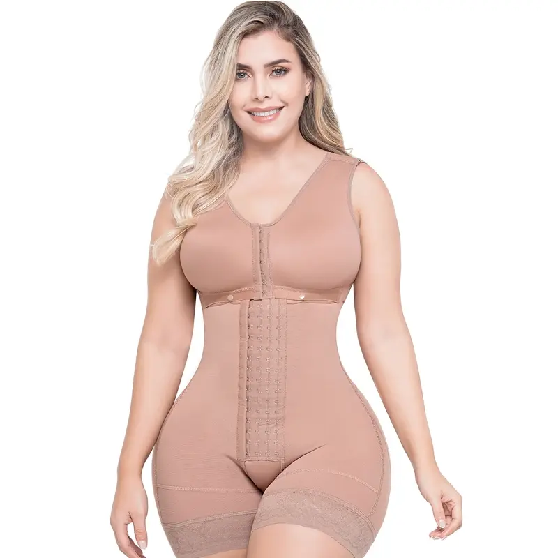 086 Postpartum & Post-Surgery Mid-Thigh Compression Bodysuit with Built-in Bra and Adjustable Straps