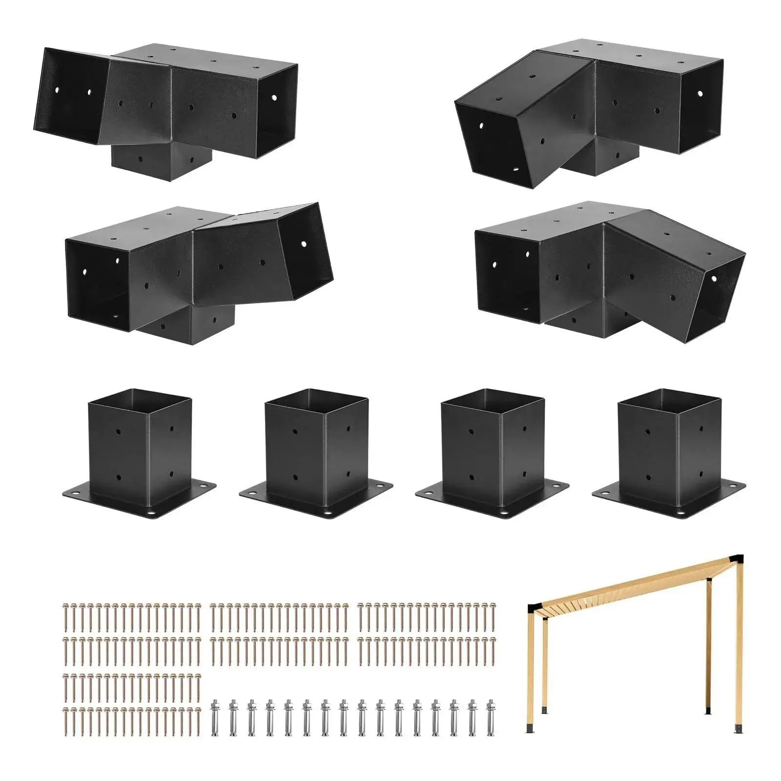 4x4" Pergola Bracket Kit: Inner 3.5x3.5" 3-Way Slanted Connectors with Mounting Bases