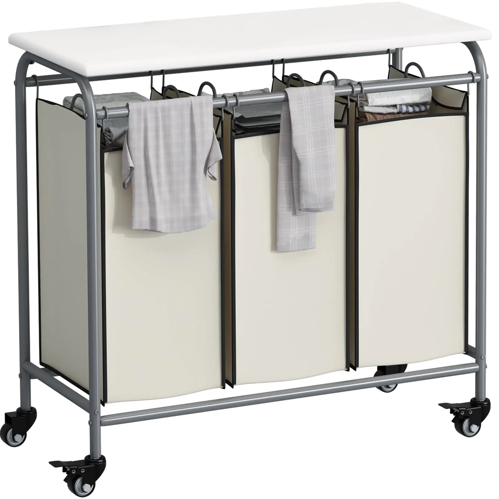 3 Bag Section Laundry Basket Sorter Heavy Duty Rolling Lockable Wheels Laundry Hamper with Ironing Board and Removable Bags Organizer Laundry Cart