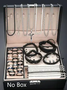 Men's Fashion Jewelry Set, Fashionable Jewelry Set, Casual Trendy Cross Pendant Necklace & Braided Bracelet & Earrings & Rings & Chain Bracelet, Hip Hop Fashion Jewelry Set for Party & Daily Decor