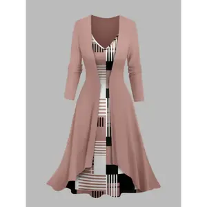 [2pcs Elegant Suit Set Stylish] Women'S Elegant 2pcs Suit Set - V-Neck Cardigan Coat and Geometric Print Dress, Polyester 95% Elastane 5%, All-Season Knit Fabric, 180g/m² - Stylish and Comfortable Outfit