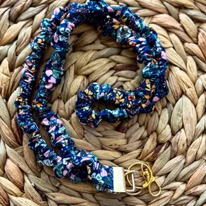 Navy Bloom Stretchy Lanyard – Elegant Floral Elastic Key & ID Holder – Comfortable, Durable, Handmade Accessory for Nurses, Teachers & Professionals