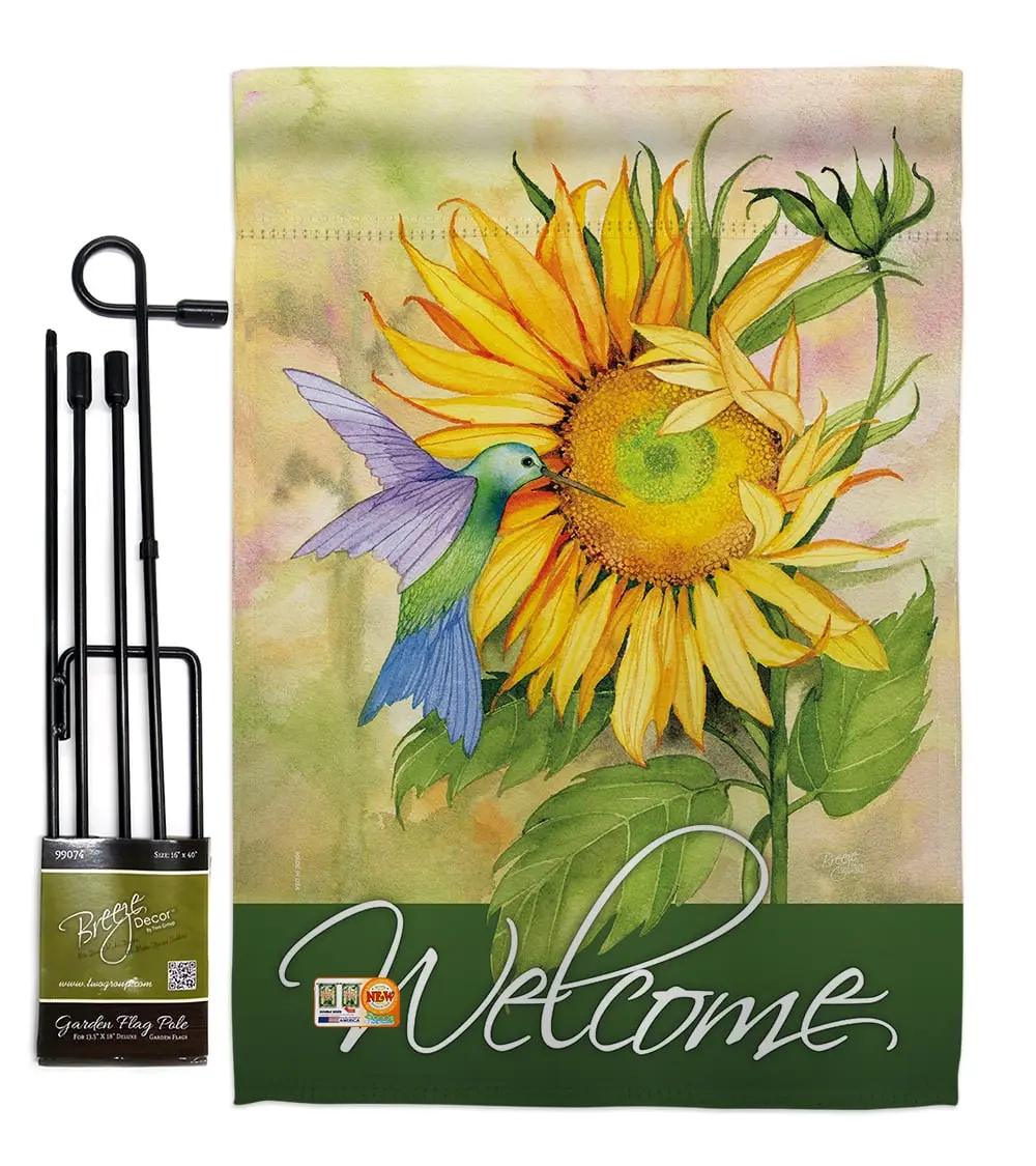Breeze Decor BD-FL-GS-104095-IP-BO-D-US18-WA 13 x 18.5 in. Sunflower with Hummingbird Spring Floral Impressions Decorative Vertical Double Sided Garden Flag Set with Banner Pole
