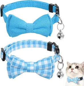2PCS Boy Cat Collars, Breakaway Kitten Collar with Bell Boy Adjustable Small Safety Collar with Bell, Cute Kitten Bow Tie Plaid & Solid Color, Fits Kittens Puppy (Blue)