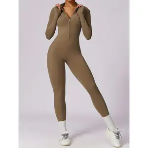 Cardigan zipper long-sleeve yoga jumpsuit high-intensity fitness sports bodysuit cycling dance tight-fitting garment