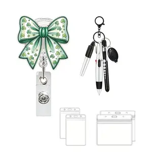 Four Leaf Clover Bow Badge Clip Set, Includes Keychain Pen, Fluorescent Pens, Waterproof ID Card Case, Fashion Accessories, Office Supplies