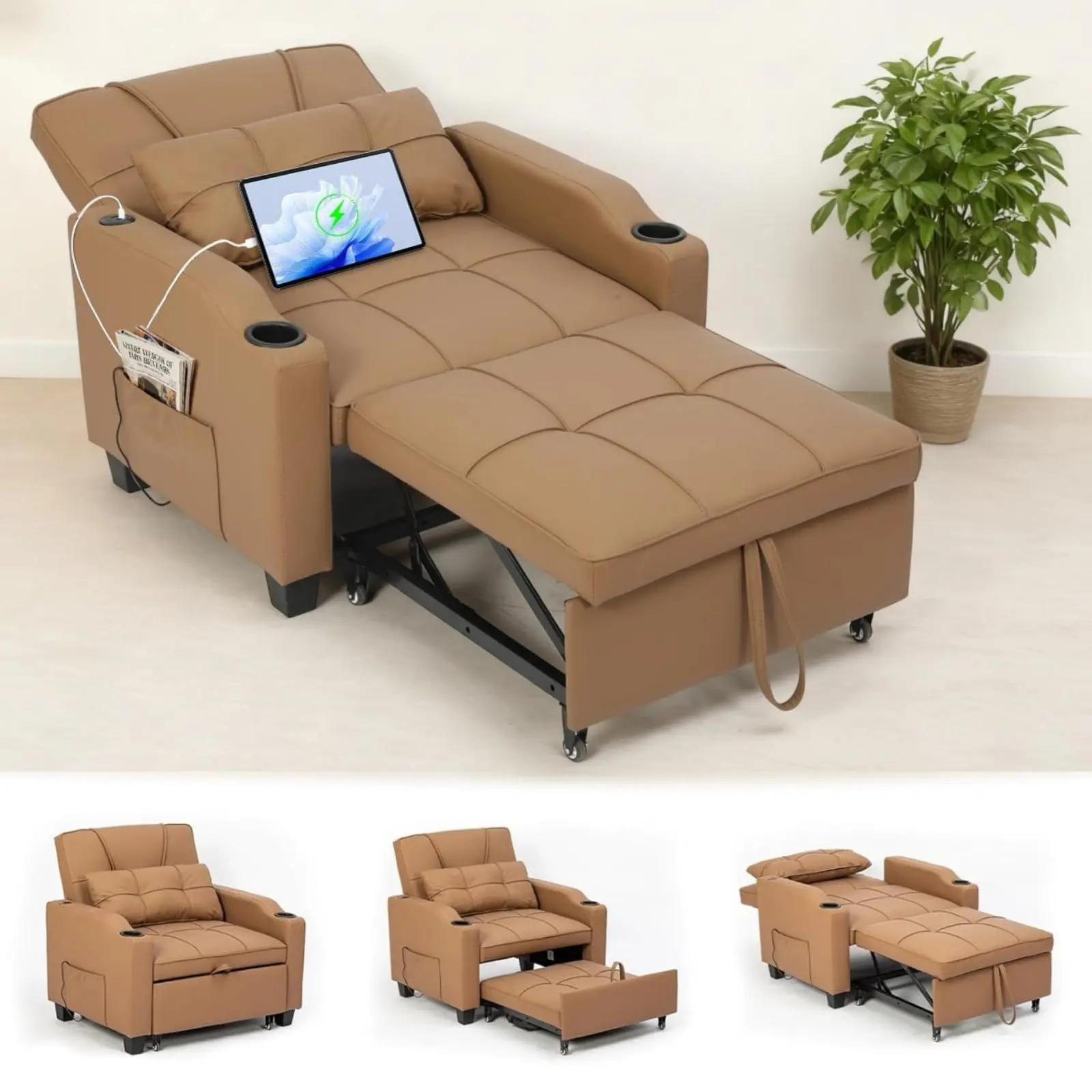 Brown 4-in-1 Foldable Sofa Bed Armchair - Convertible Sleeper Chair for Bedroom, Adjustable Chaise Lounge, Durable Seating, Vibration Massage Lumbar Pillow, USB/Type-C Port, Cup Holders, Side Pocket for Small Spaces, Sleeping
