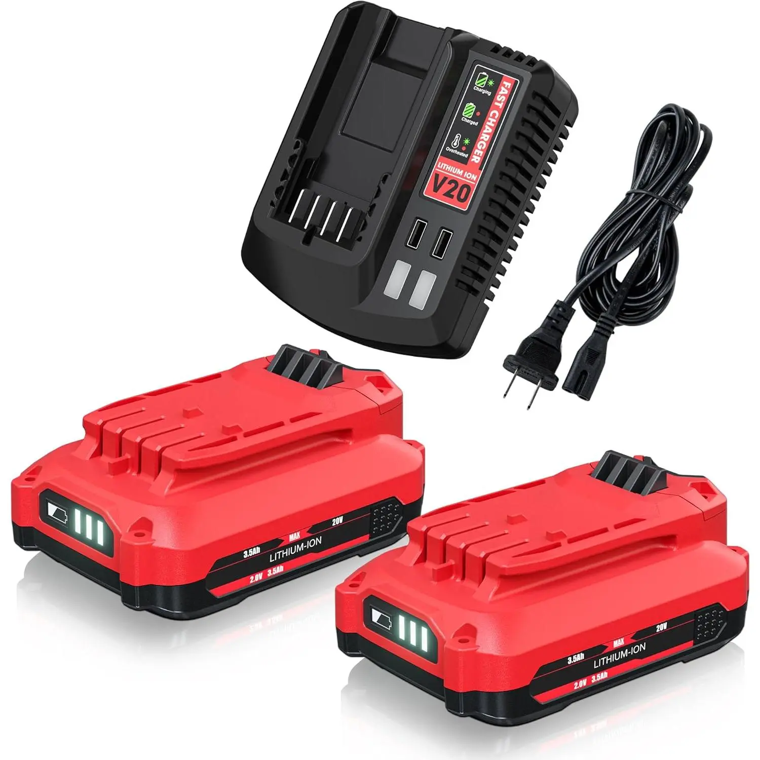 High quality 2Pack 20V 3.5Ah Replacement for V20 Craftsman 20V Battery Lithium Battery and Charger Kit for CMCB202 CMCB203 CMCB204 CMCB206 CMCB201 CMCB100 CMCB124 with CMCB104 Craftsman 20Volt Battery Charger