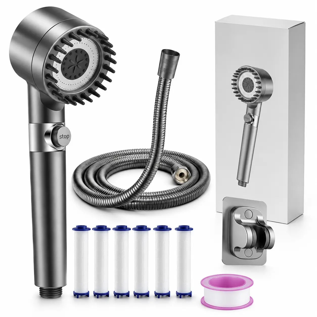 Filtered Handheld Shower Head with Scalp Massage Brush, 3 Spray Modes, Power Jet Rinse, One-Hand Control & Easy Install Kit