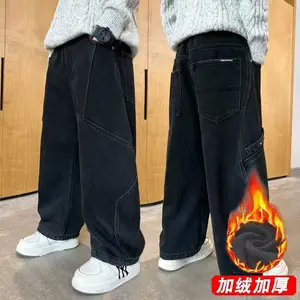 2025 New Kids Jeans for Boys, Fleece-Lined Straight Leg Pants, Loose Fit School Wear, Trendy Junior High Student Outfits, Warm Denim Trousers, Fashionable Children's Bottoms, Boys' jeans Spring and Autumn new children's Korean version pants