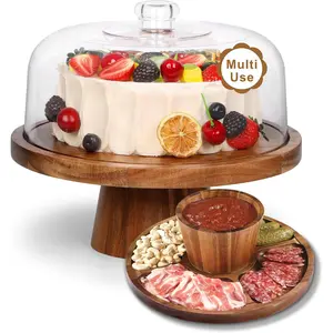 Acacia  Cake Stand with Lid - 12in Round Cake Holder, 2-in-1 Dessert Table Display Set & Charcuterie Board for Cheese, Chips & Dips, Nachos, Fruit Platter, Large  Cake Dome Cover