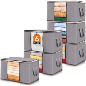 6 Pack Foldable Clothes Storage Bins with Lids, featured with visible transparent window and reinforced sturdy handles. Practical closet organizers for storing garments and bedding items, light gray color available.