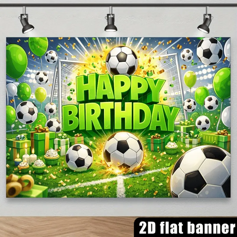 2D Flat 1pc Soccer Happy Birthday Backdrop Banner, Football Goal Balloon Gift Photography Background, Ideal for Boys Sports Birthday Party, Soccer Fan Celebration, Game Day Decor, Photo Booth Banner, Multiple Sizes Available