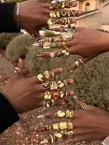 Chunky Flower Gemstone Ring Set with Geometric and Pearl Textures, Multi-Layered Cross Design for Minimalist Style, Ideal for Parties and Daily Wear, Glamour Set, Teardrop Jewelry Set