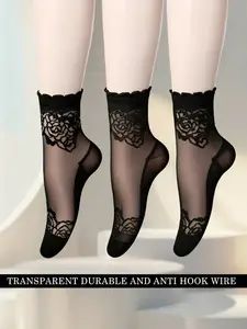 3 Pairs Women's Lace Anklet Socks, Ruffled Sleeve Design, Glass Fiber Material, Anti-Pull Vintage Style, Comfortable & Stylish Footwear, Socks Set