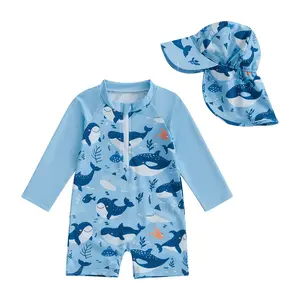 Toddler Infant Baby Boys Whale Swimsuit Kids Rash Guard  Newborn Zipper Bathing Suit Swimwear with Hat