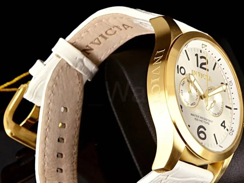 Invicta Specialty Mens 48mm Silver Dial Genuine Calf White Leather Watch with Gold Accents Date Display & Water Resistant 100 Meter Waterproof