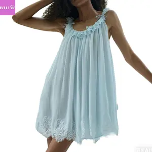 Women's Light Blue Silk Nightgown with Lace Trim and Bow Details, Comfortable Sleepwear for Ladies