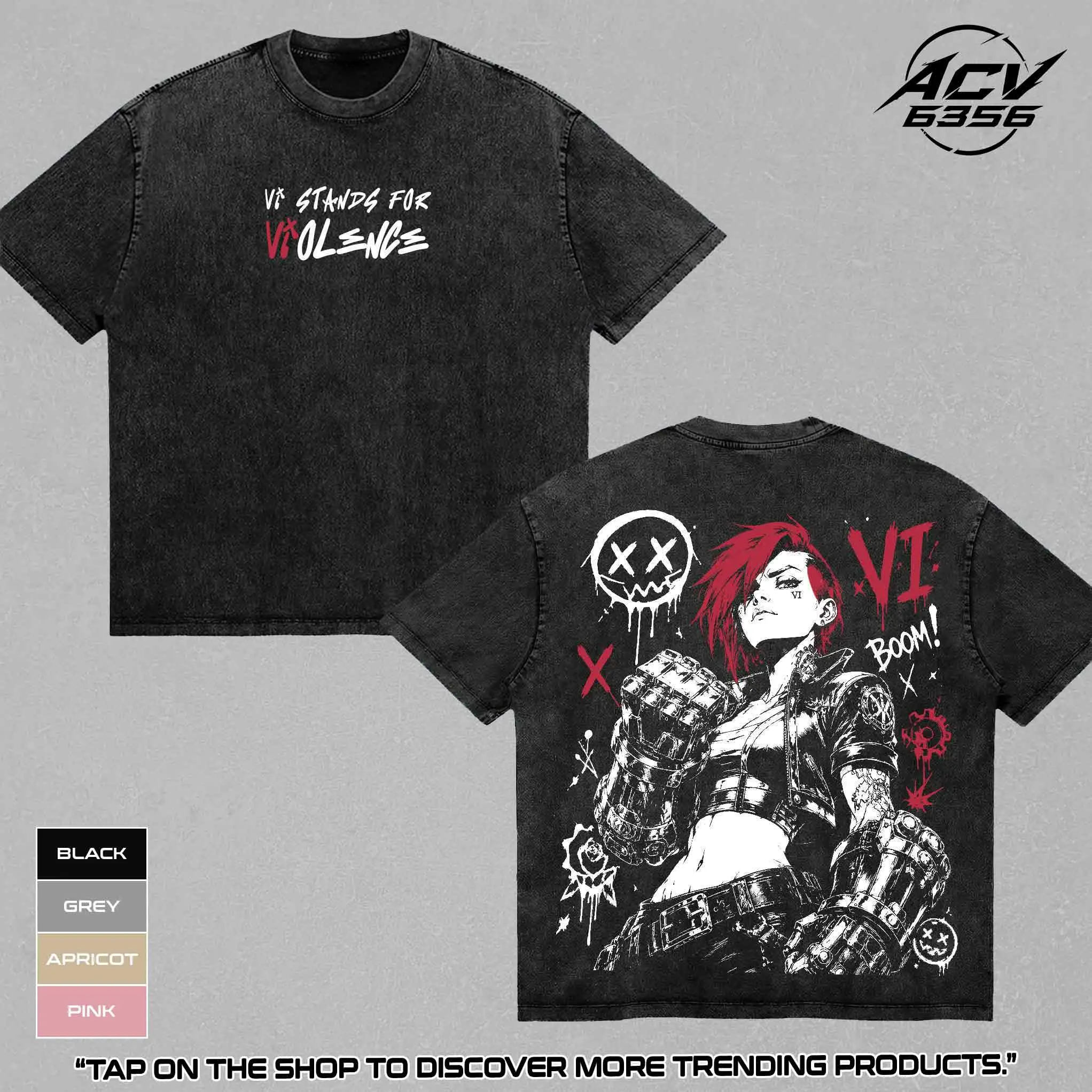 Arcane Vi Washed Shirt, Cagefighter Street Punk Wash T-shirt, League Of Legend Graphic Tee, Retro Vintage Arcane Movie Trending Tee, Gift For Fans, LoL Tshirt, Apparel Fan Merch Merchandise T shirt Top Outfit