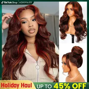 [Fall Color] Salon Layer Cut Ginger Highlights On Brown Hair 360 Lace Frontal Invisi Strap Skin Lace Invisi Drawstring Snug Fit Body Wave Human Hair Wig Holiday Haul