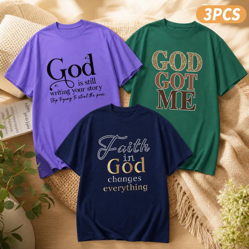 Women's Plus Size Pure Cotton Crew Neck T-Shirts 3-Pack, Short Sleeve Flattering Cut Christian Faith Quote God Graphic Casual Tee Bundle Set