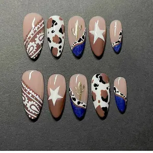 Cowboy Bandana Press On Nails, Cow Print Star Cactus Nail Art