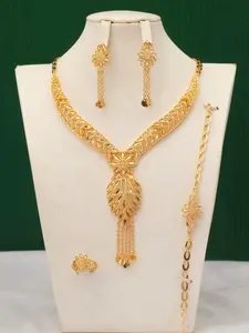 Elegant Leaf Design Jewelry Set, Fashion Rhinestone Decor Necklace Bracelet Earrings Ring for Party, Daily Clothing Decor, Trendy All-match Jewelry for Gift, Matching Jewelry Set