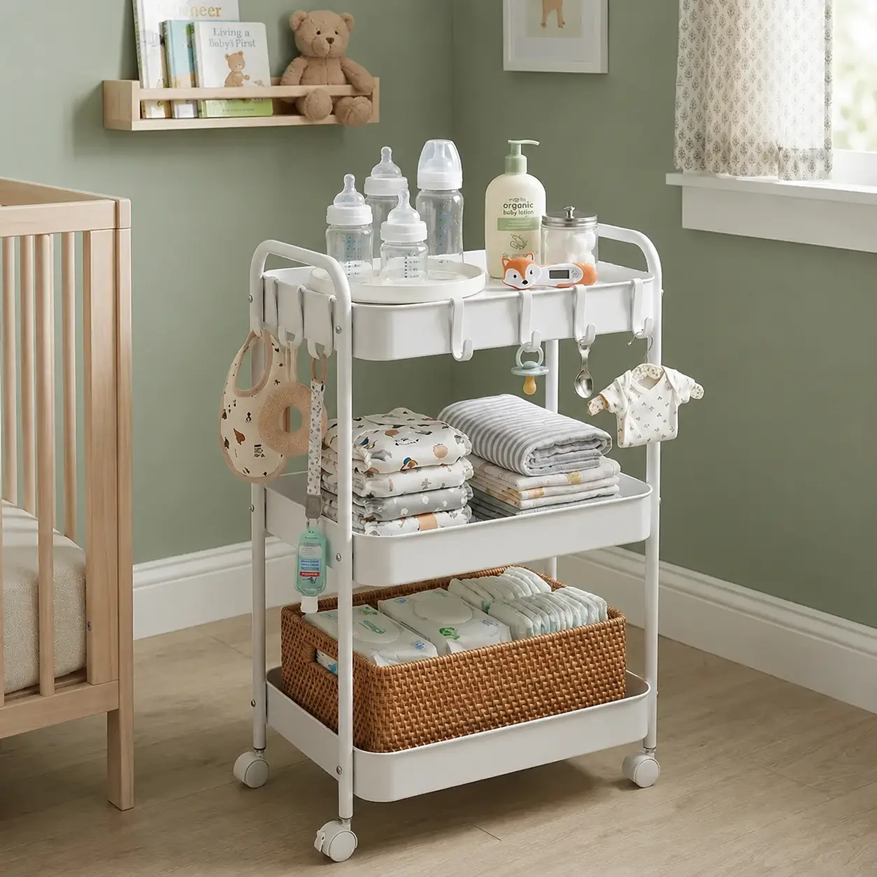 3-Tier Rolling Metal Utility Cart with Lockable Casters, Rectangular Rotatable Racks, 20-25kg Capacity - Home Organizer for Bathroom, Kitchen Baby Diaper Hold