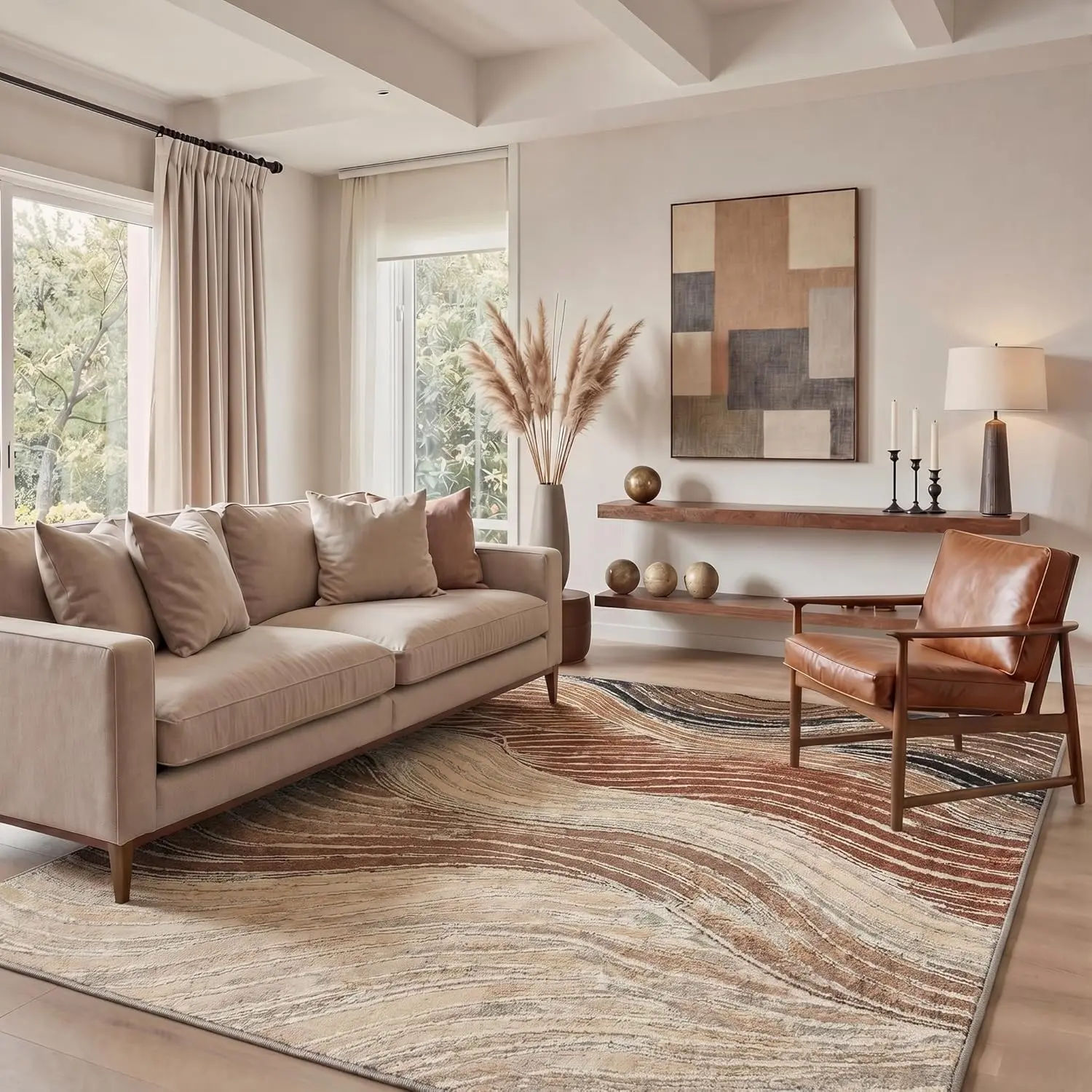 【Back To School】GENIMO Area Rugs for Living Room Bedroom, Modern Abstract Machine Washable Rug, Large Soft Low Pile Floor Carpet with Non Slip Backing for Dining Room, Caramel Sand