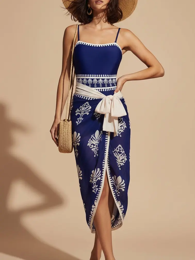Women's 2-Piece Swimsuit Set, Navy Floral 1-Piece with White Trim and Matching Sarong Beach Cover-Up for Resort Wear, Beach Cover-Up Cover Ups