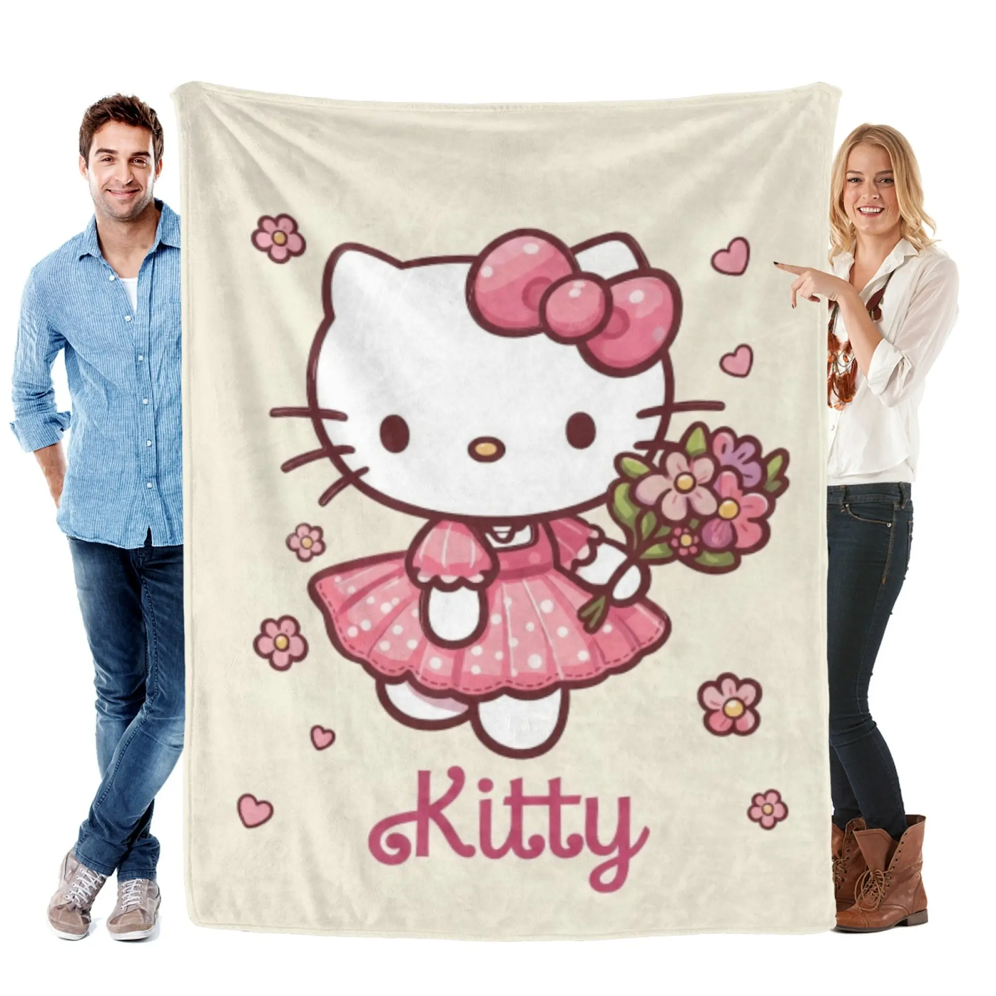 [SummerVibes] SANRIO Hello Kitty Flannel Blanket, Cute Pink 2D Cartoon Floral Design, Soft Warm Cozy Throw for Couch Bed, Perfect for Girls Teens & Sanrio Fans