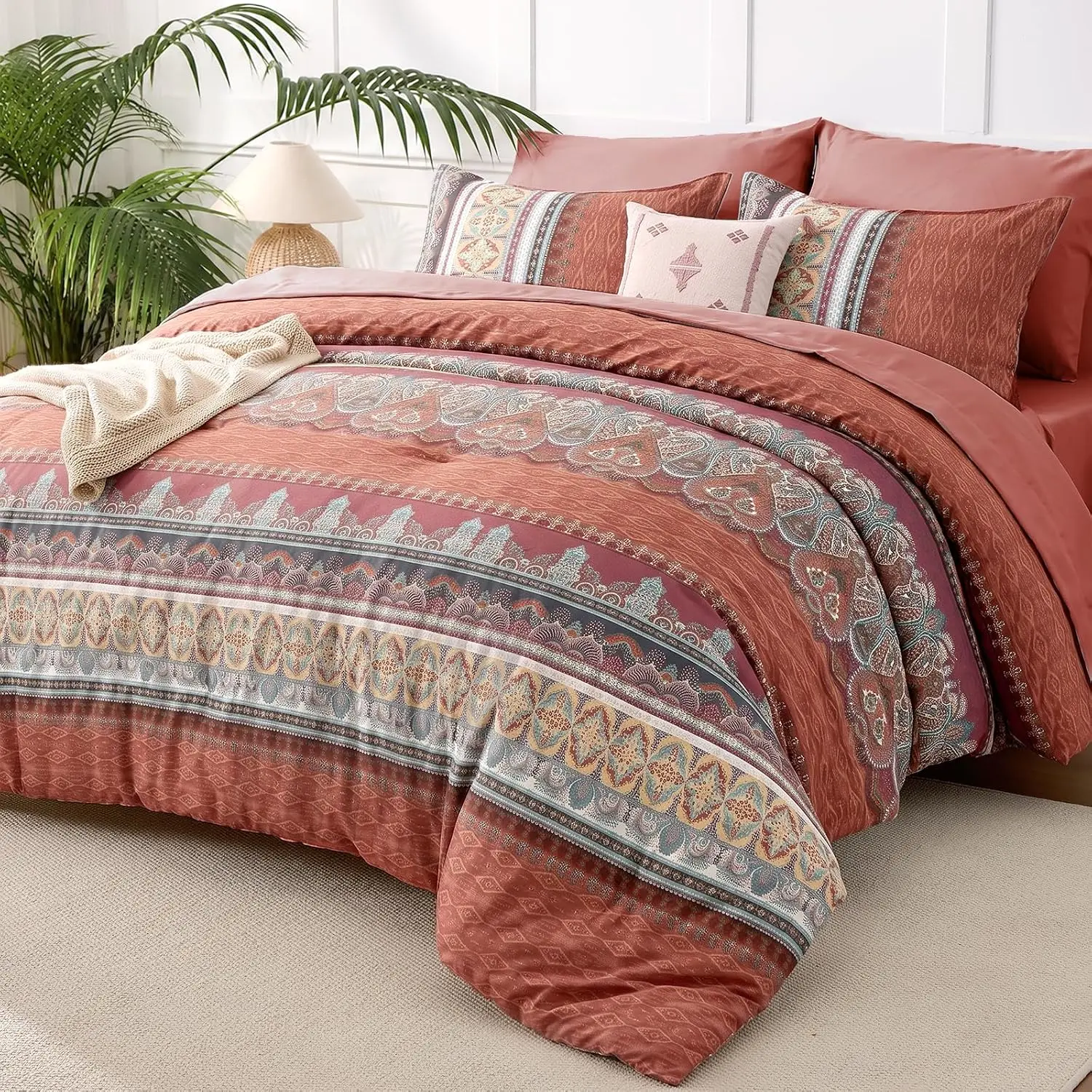 JOLLYVOGUE Queen Comforter Set 7-Piece, Bohemian Bed in a Bag, Coral | Printed Bedding Set, All-season, Double Brushed, Ultra-Soft Microfiber, Down-alterniative, OEKO Certified