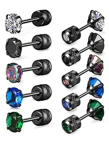 5 Pairs Dazzling Cz Stainless Steel Studs Earrings, Sparkling Zirconia, Timeless Design, Durable Construction, Men's Elegant Ear Jewelry