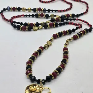 Collar Decorated for Orisha Elegua with Red Black and Gold Beads and Gold Accents