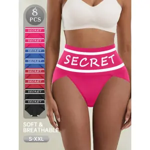 8pcs White Monogrammed Women'S Panties, Comfortable and Convenient High Split Panties, Daily Casual and Sports