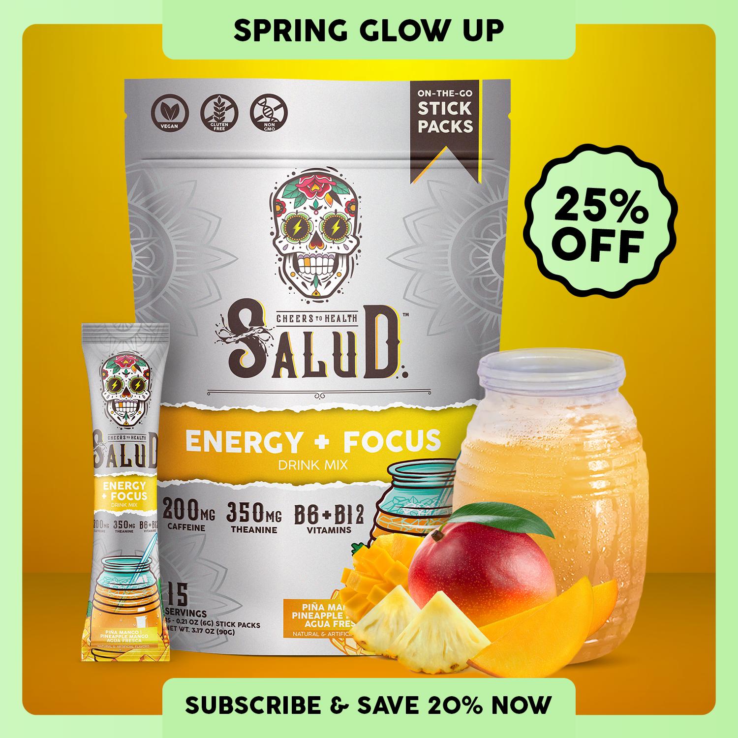 Salud 2-in-1 [Energy Focus – Piña Mango] Clean Energy Drink Mix, Agua Fresca, Organic Caffeine (200mg), L-Theanine (350