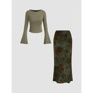 Cider [size 0-10] Boat Neck Long Sleeve Top & Mid Rise Floral Ruched Maxi Skirt Set