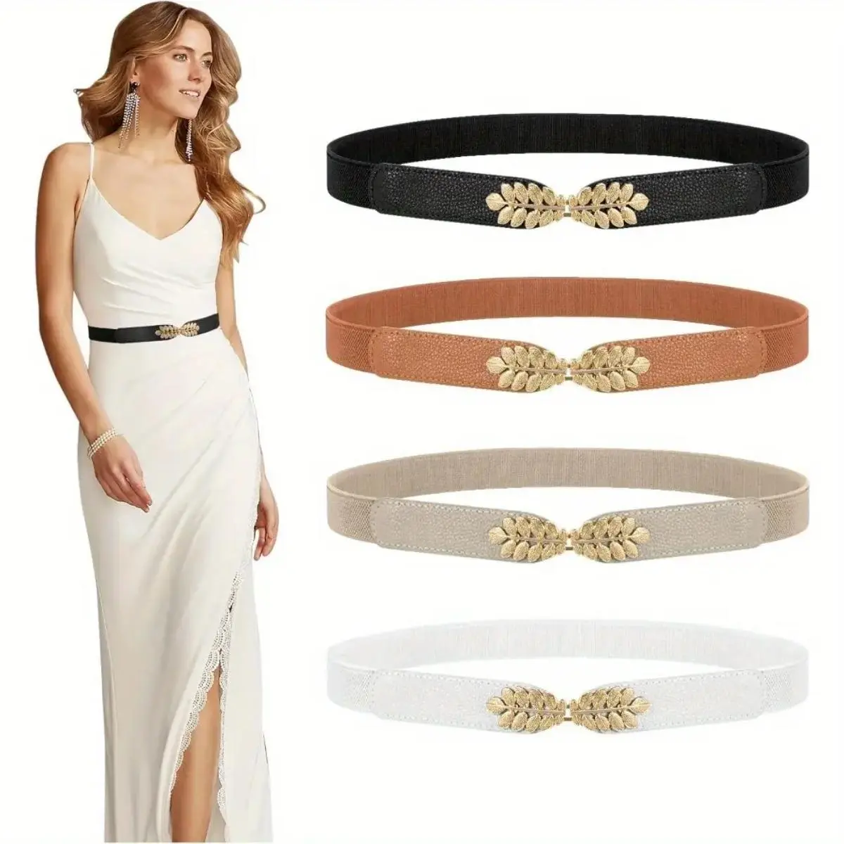 Women's 4-Piece Adjustable Vintage Thin Solid-Color Buckle Waist Belts Set, Adjustable Leather Belts for Ladies' Dress Accessories, Adjustable Leather Belt