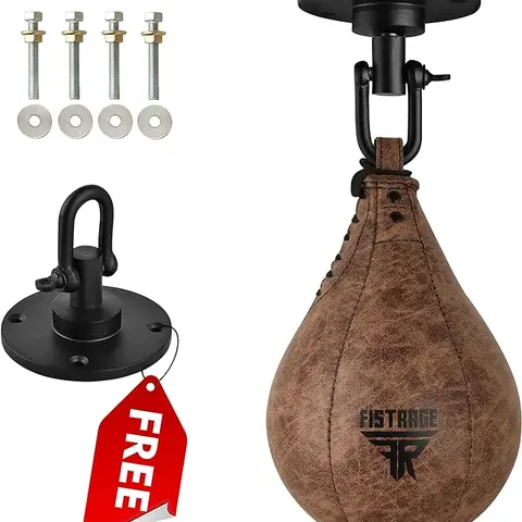 FISTRAGE Speed Ball Boxing Bag Leather MMA Muay Thai Training Punching Dodge Striking Kit with Free Hanging Swivel Workout Speedball Kicking Platform Equipment (Black) boxingequipment punchingbag