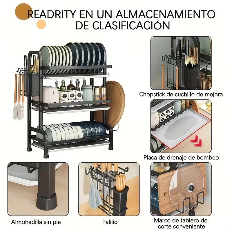 3-Tier Metal Kitchen Counter Organizer - Heavy Duty Dish Drying Rack with Drain Tray & Drainage, Space-Saving Kitchen Accessory Storage Rack for Plates, Bowls, Cups, Utensils, Cutting Boards (Box Pack), Kitchen Accessories