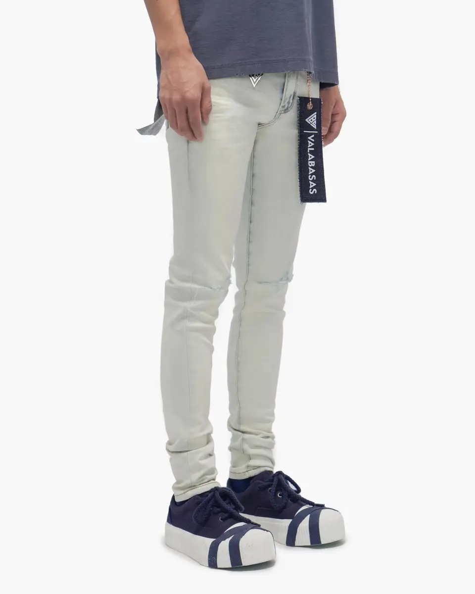 Men's Arctic Blue Skinny Jeans in a Cotton Spandex Stretch Denim, Featuring Subtle Knee Distressing and a Clean Finish, Pants, Stretch Cotton