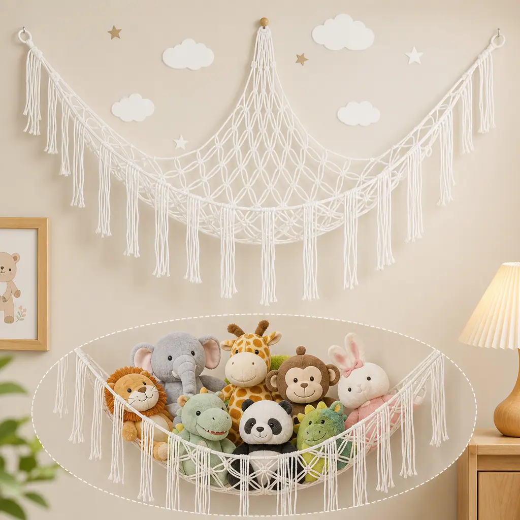 Cotton Stuffed Animal Hammock, for Kids Room Corner Toy Arrangement, 55in Hangable Boho Hanging Net, Wall Mount Plush Toy Organizer, Multi-Purpose Nursery Decor Storage Bag