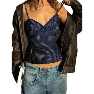 Women’s polka dot print lace-trimmed cropped tank top, summer casual spaghetti strap tank, everyday fashion women’s top, women’s clothing, laceGARMENTARY