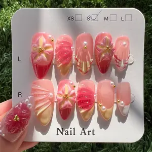 10Pcs Handmade Press on Nails Springtime Summer Nails Sunset Painting Design Red Ombre 3D Pink Yellow Flower French Tip with Clear 3D Butterfly Wings Acrylic False Nails for Women Easy to Wear for Parties, Daily & Dancing, Nail Kit, Nail Art Tool Wedding