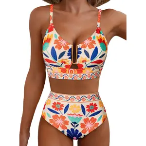 Floral Print High Waisted Bikini Set, U-Bar Detail Mid-Rise Top Two-Piece Swimsuit for Women