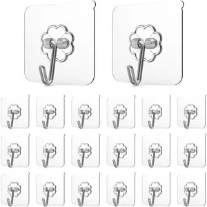 Adove Adhesive Hooks for Hanging, Heavy Duty Wall Hooks 20 Pack, Removable Sticky Ceiling Hooks, Transparent Self Adhesive Shower Hooks, Water & Oil Proof Strong 22lb(Max) Door Coat Hooks