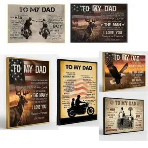 To My Dad Poster Set, Vintage Father's Day Canvas Wall Art from Son to Dad with Motorcycle, Deer, Eagle & Basketball Themes,Retro Home Decor for Living Room Man Cave Bedroom, Birthday Christmas Gift for Dad